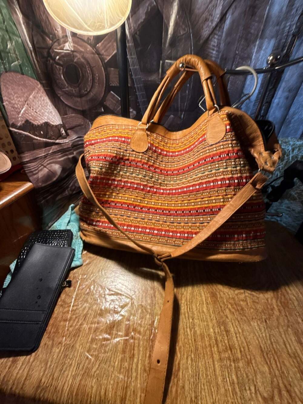 Lovestitch Embroidered Striped Weekender Tote Bag with Leather Accents